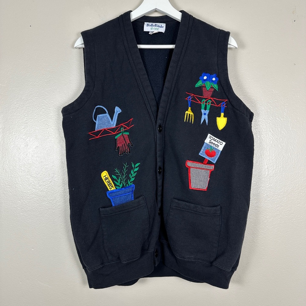 BellePointe‎ Women's Large Sweatshirt Vest Black Garden Embroidered Applique VTG